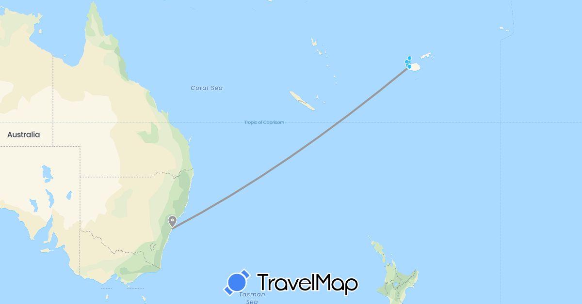 TravelMap itinerary: plane, boat in Australia, Fiji (Oceania)